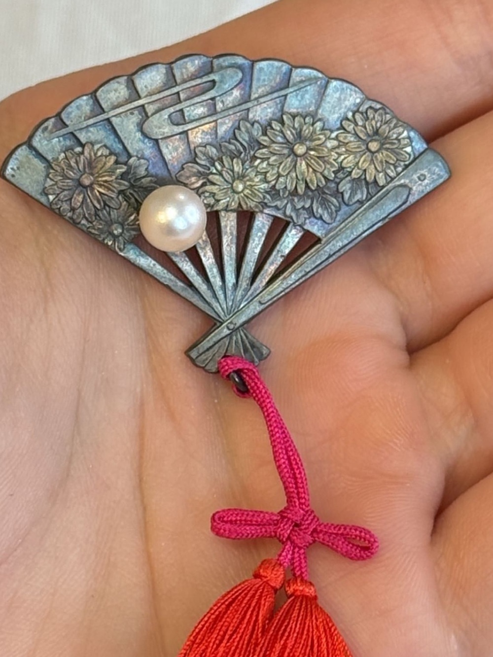 Vintage Mikimoto Silver & Pearl Fan Brooch- Tokyo IMF World Bank Commemorative